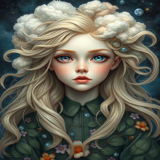 Create a series of imaginative portraits where each subject is infused with elements of fantasy and nature. The hair of the individuals should flow like clouds, varying from soft, fluffy cumulus to wispy cirrus strands, with hints of color reflecting a sunset or a clear blue sky. The eyes should be windows to entire galaxies, with stars, nebulae, and distant planets visible within them. Clothing should be adorned with nature motifs, such as floral patterns that bloom and change, vines that seem to grow and wrap around, or feathers that shimmer with iridescence. Each portrait should capture a unique personality, blending human features with the ethereal beauty of the natural and cosmic world. The backgrounds can vary, from starry night skies to enchanted forests, adding depth and context to the magical realism of the portraits