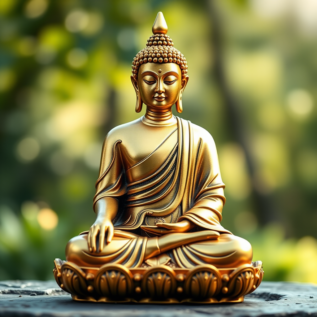 Create a high-resolution digital illustration of a serene golden Buddha statue sitting in a lotus position with intricate details on the robe and facial features, using a DSLR camera with a 50mm lens, aperture f/1.8, ISO 100, soft natural lighting, and a shallow depth of field to enhance the quality and clarity of the image.