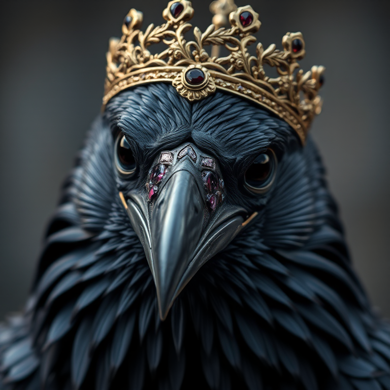 Regenerate a close-up portrait of an intricately adorned raven with a crown and jewelry made of jewels and gems, captured with a Canon EOS R5, 85mm lens at f/1.8, ISO 100, and a shallow depth of field to enhance detail and richness of textures.