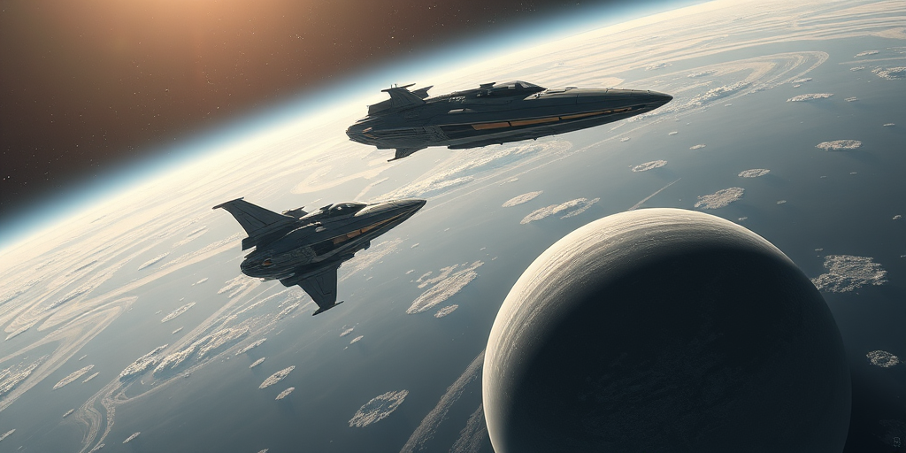 futuristic spacecraft docking in orbit above a distant planet, high detail, realistic lighting, cinematic composition, DSLR camera, f/1.8 aperture, ISO 100, 24mm lens, HDR rendering, wide-angle view
