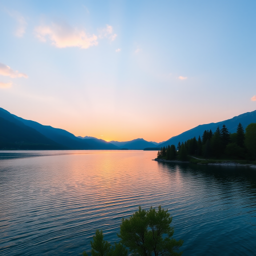 Generate a high-resolution image of a serene landscape featuring a calm lake with mountains in the background during sunrise, using a DSLR camera with a 50mm lens, aperture set to f/8, ISO 100, shutter speed 1/200s, in landscape orientation, with a vibrant color profile and soft focus.