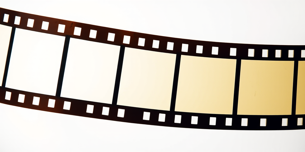 Create a high-resolution image of a film strip with five blank frames, shot with a DSLR camera at 50mm focal length, aperture f/1.8, ISO 100, in a straight-on view with natural lighting to enhance clarity and detail.