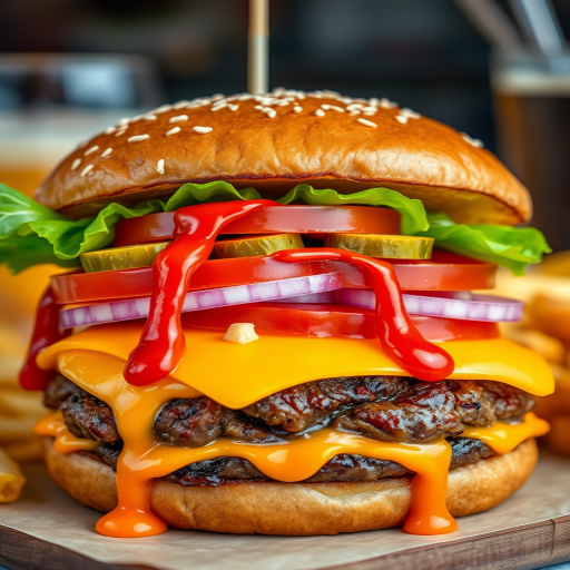 High-resolution, close-up image of a gourmet double cheeseburger. The burger features a glossy, sesame-seed-topped brioche bun. Inside, there are two thick, juicy beef patties, each topped with melted cheddar cheese. The burger is garnished with fresh lettuce, tomato slices, diced onions, and pickles. A generous amount of ketchup and a creamy, orange-colored sauce is dripping down the sides, adding to the mouth-watering appeal. In the background, there are blurred elements including a side of golden French fries and a hint of a beverage, enhancing the overall presentation of a delicious meal.