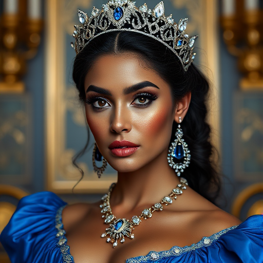 A gorgeous Maori woman in a luxurious blue gown, accessorized with a dazzling tiara and statement earrings, her deep black eyes highlighted by impeccable makeup, poised in a royal setting, photorealistic, 8K quality