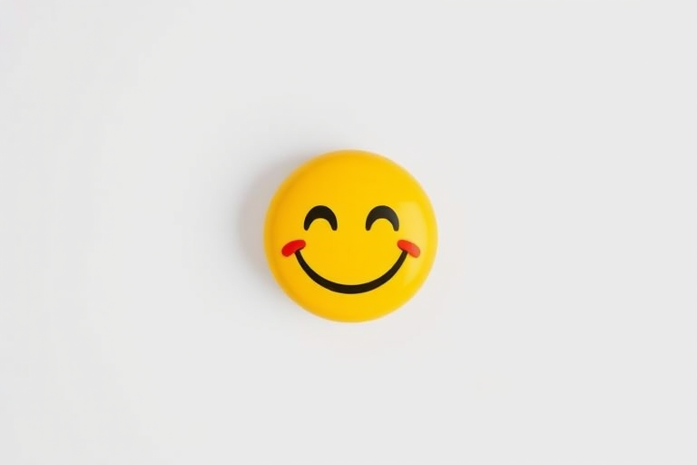Create a bright and cheerful smiling yellow emoji on a plain white background, using a Canon EOS R5 camera with a 50mm f/1.2 lens, aperture set to f/2.8, ISO 100, shutter speed 1/200s, shot in standard color profile.