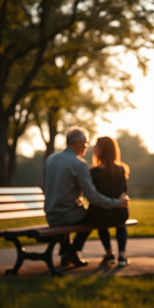Blurry, candid shot of a couple sharing a quiet moment on a park bench, soft light from the setting sun casting long shadows, distant trees swaying gently in the breeze, and a feeling of peaceful connection.