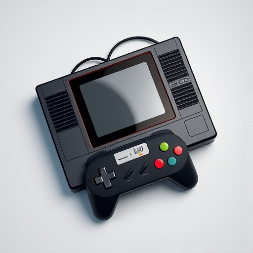Generate a highly detailed 3D rendering of a retro gaming console with a controller, using a 50mm lens, f/2.8 aperture, in a studio lighting setup, captured with a DSLR camera, top-down view, ensuring high contrast and sharp focus.