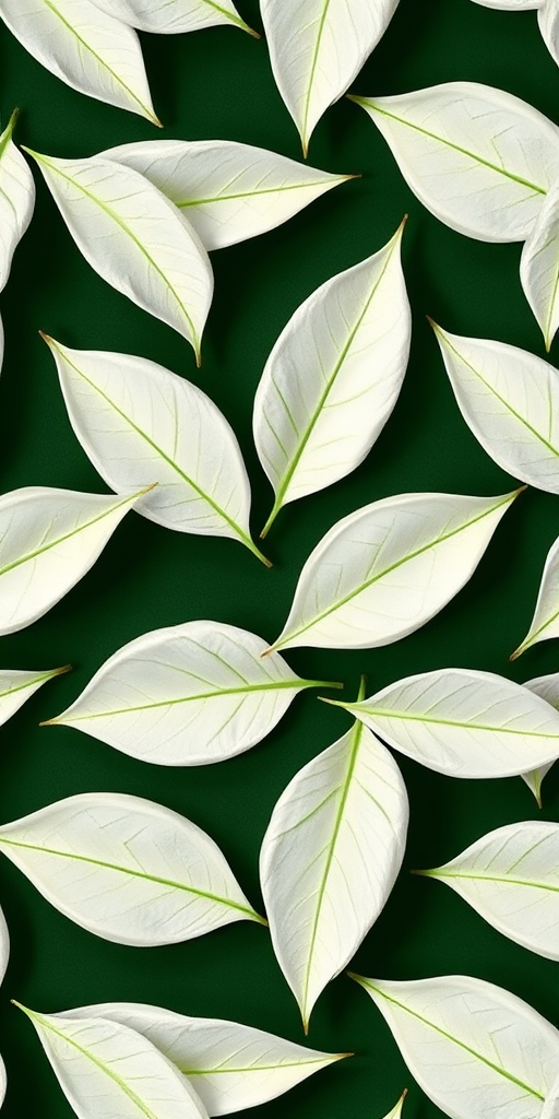 Create a seamless repeating pattern of white botanical leaves on a dark green background with a macro lens at f/4, ISO 100, shutter speed 1/125s, overhead view using a DSLR camera for enhanced detail and clarity.