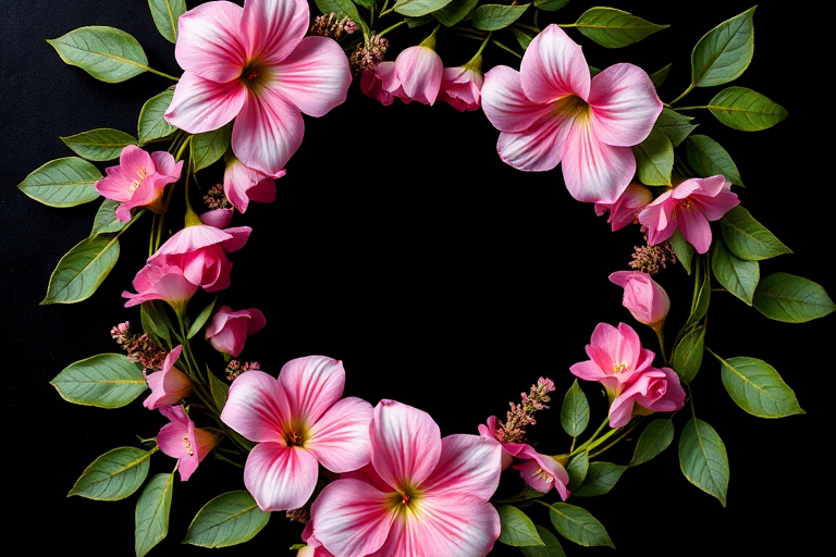 floral wreath design with pink flowers and green leaves on a black background, macro lens, f/2.8 aperture, ISO 100, 50mm lens, top-down view, digital camera
