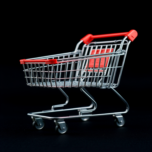 Create a high-resolution photo of a metallic shopping cart on a black background, using a DSLR camera with a 50mm lens, aperture set to f/2.8, ISO 100, and a softbox for even lighting, captured from a low angle to emphasize the cart's design.