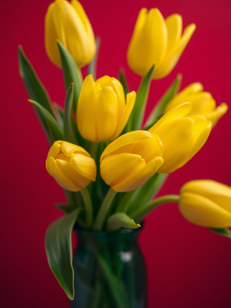 close-up shot of yellow tulips in a green vase on a red background with soft lighting, ISO 100, f/4, 1/60s, 50mm lens, DSLR camera, portrait orientation, high dynamic range.