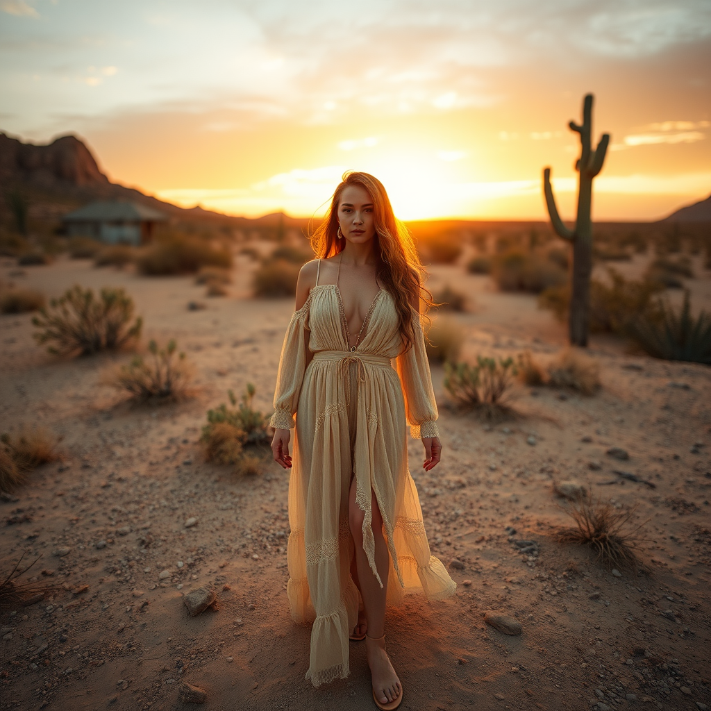 Desert setting, bohemian model, flowy dresses, earthy tones, rustic sunset effect,  equipped with a 12mm lens to capture an overhead view of the model, emphasizing symmetry and spatial positioning