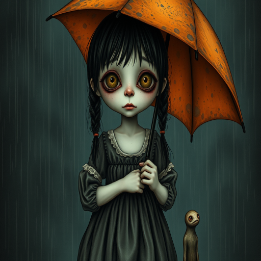 An eerie, weird little girl with dark hair in thin pigtails, wearing a smock dress, standing in the rain, holding a dirty orange umbrella, a small, odd creature beside her. In a surreal style inspired by Nicoletta Ceccoli and Brian Froud. Dark fantasy themes
