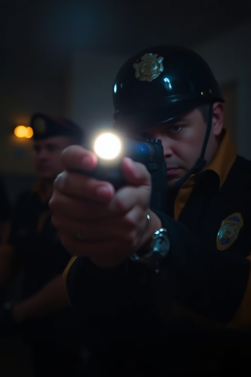 Create an image of a police officer aiming a gun in a dimly lit environment, focused on the beam of light from the flashlight, using a DSLR camera with a 50mm lens, aperture set to f/1.8, ISO 800, and a shutter speed of 1/60 seconds, shot from a low angle to emphasize the tension in the scene.