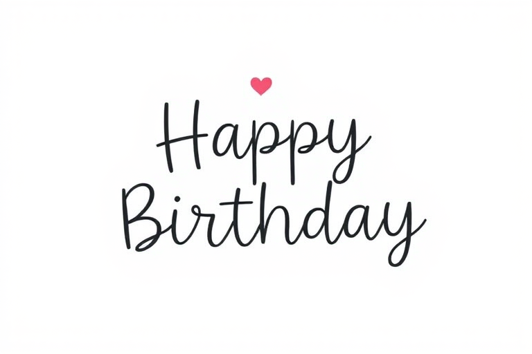 Create a simple and elegant design featuring the phrase Happy Birthday in a playful, handwritten font with small hearts above the word Happy and a light, whimsical touch. Use a clean white background for a fresh and modern look.