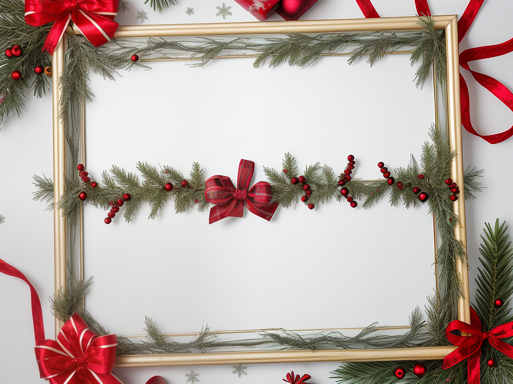 Festive Holiday Frame Decorated with Greenery, Bows, and Red Berries