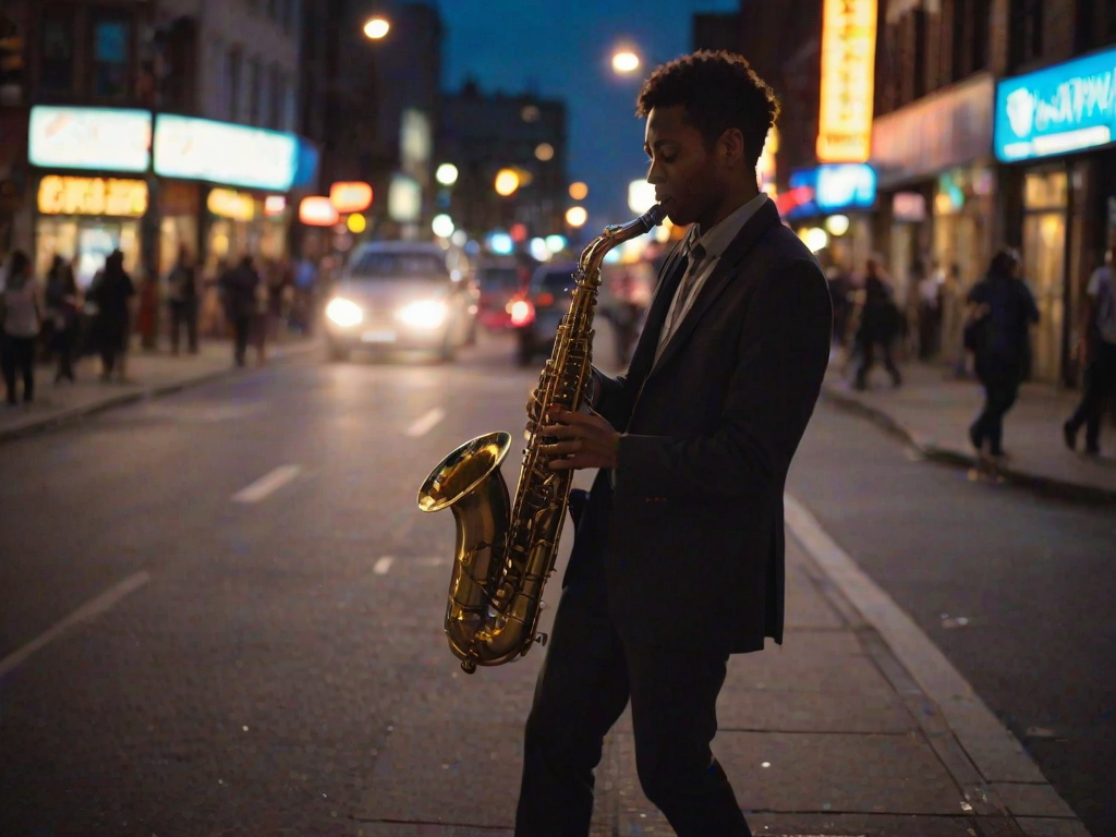 Blurry candid shot of a street performer playing a saxophone on a bustling city corner at dusk, with soft light from neon signs and passing car headlights casting long shadows on the pavement.