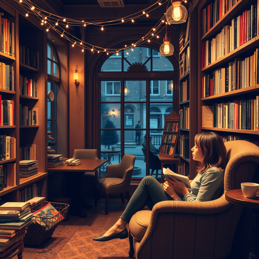 Cozy bookshop with a reading corner, a woman lost in a novel on a plush armchair, fairy lights twinkling overhead, and the scent of coffee wafting through the air.