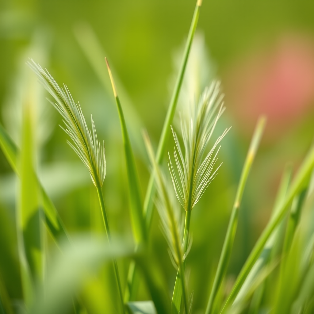 capture a close-up of soft, feathery grass blades with a shallow depth of field in natural light using a DSLR camera at f/2.8, ISO 100, shutter speed 1/200s, with a 50mm lens for enhanced detail and vibrant colors
