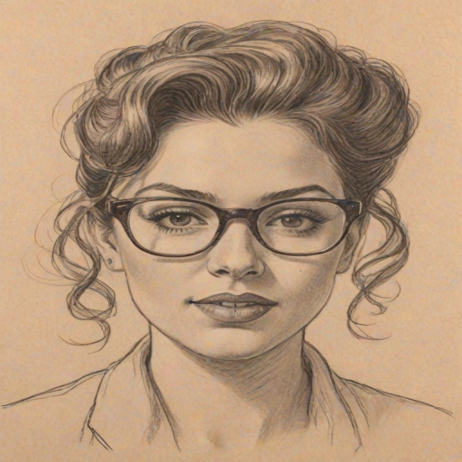 Comely Jillian Rose Reed, pencil sketch, portrait of Delightful woman 1949s in glasses, hair style beatnik, outline, clear lines, fine lines, 8k