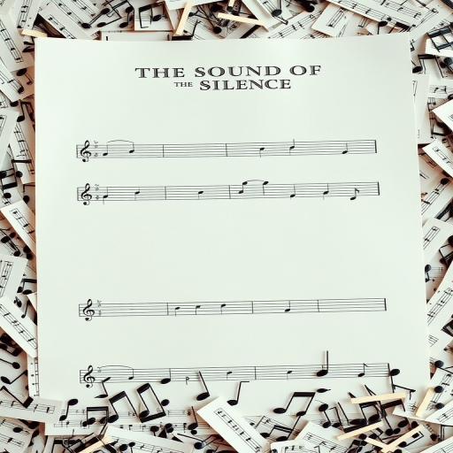 Create an image of a blank sheet of music with the title "THE SOUND OF SILENCE" at the top, surrounded by a chaotic pile of musical notes visually representing silence, shot with a DSLR camera at f/8 aperture, ISO 100, 50mm lens, in natural light to enhance clarity and detail.
