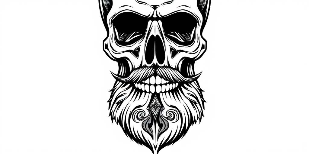 Create a detailed vector illustration of a skull with a stylized beard and mustache, featuring intricate designs on the beard, set against a minimalist background, using a high-resolution camera with a 50mm lens, f/1.8 aperture, ISO 100, shot from a frontal view in natural lighting for enhanced contrast and clarity.
