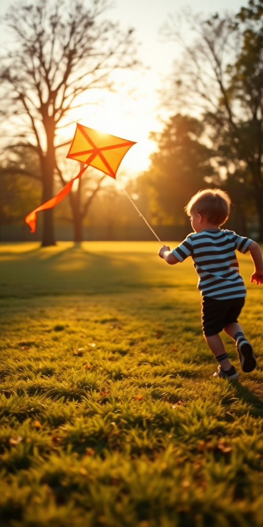 Blurry action shot of a young boy chasing after a kite on a windy day in the park, soft golden light from the setting sun casting long shadows on the grass.