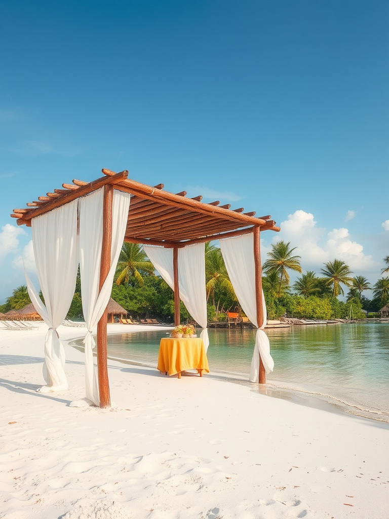 Create a picturesque tropical beach scene featuring a serene, white sandy shore. In the foreground, there's a rustic wooden canopy with white drapes gently flowing in the breeze. Underneath the canopy, a table is set with tropical decor, evoking a sense of relaxation and leisure. The beach extends into a calm, shallow water area with reflections of the sky and surroundings. Palm trees and lush greenery line the edge of the beach, providing a natural, tropical backdrop. The sky is clear with a few scattered clouds, and the overall atmosphere is tranquil and inviting, perfect for a peaceful retreat.
