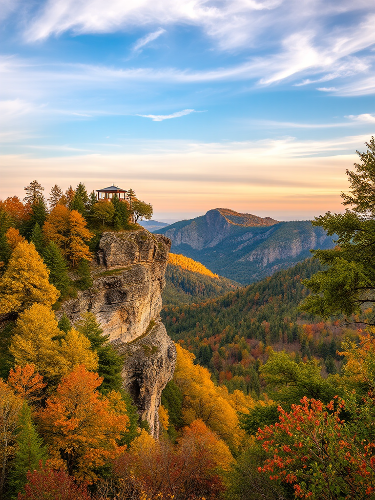 regenerate a landscape image of a rocky cliff with a lookout point surrounded by vibrant green and autumn-colored trees in a mountainous area, capture it using a DSLR camera with a 24mm lens, aperture f/8, ISO 100, shot from a high vantage point during golden hour for enhanced lighting and colors