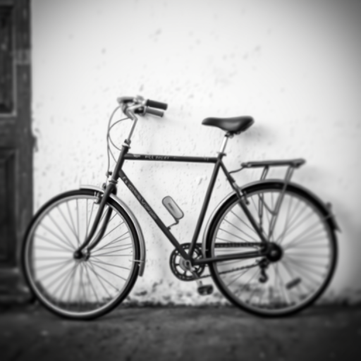 photograph of a vintage bicycle leaning against a white textured wall in black and white, natural light, shallow depth of field, ISO 100, f/2.8, 50mm lens, DSLR camera, soft focus background