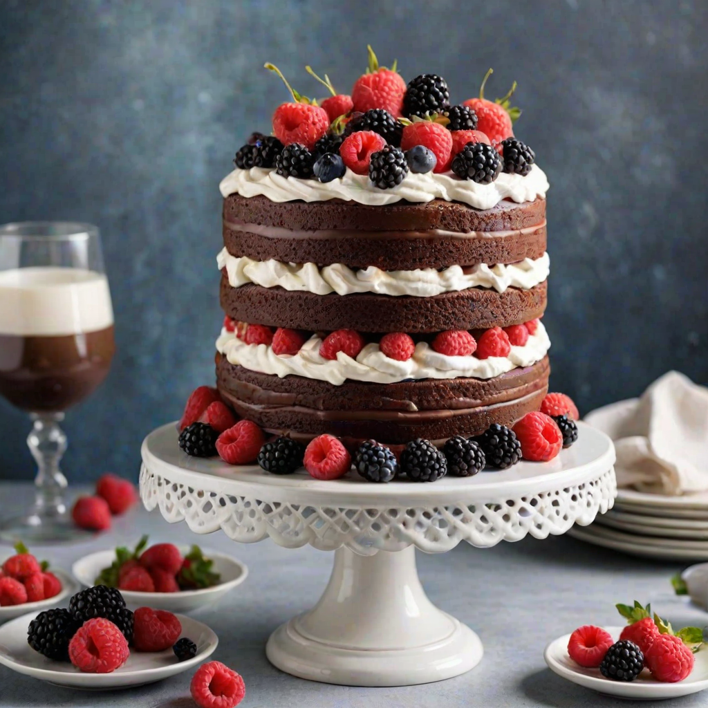 Create an image of a tall chocolate cake with multiple layers. Each layer is filled with whipped cream and topped with a variety of fresh berries, including raspberries and blackberries. The cake is displayed on a decorative cake stand, with a bright and airy background.
