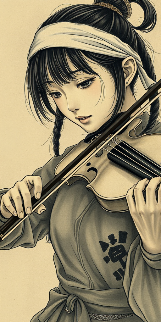 a young Ainu woman with a white headband playing a violin, in the style of a charcoal drawing, sepia grunge background
