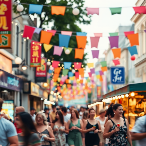 Soft-focus image of a bustling city street during a summer festival, with colorful banners and lights strung overhead, people laughing and enjoying food from stalls, all slightly blurred in motion.