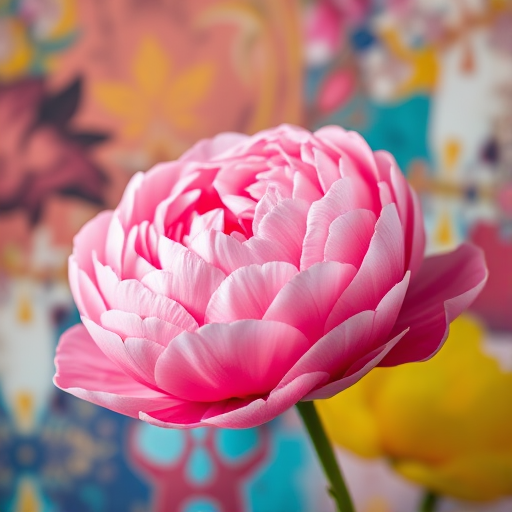 Create a vibrant close-up of a pink peony against a colorful abstract background, using a Canon EOS R5 with a 50mm f/1.2 lens, aperture set to f/2.8, shutter speed at 1/125sec, ISO 100, and a soft focus style to enhance the pastel tones and textures.