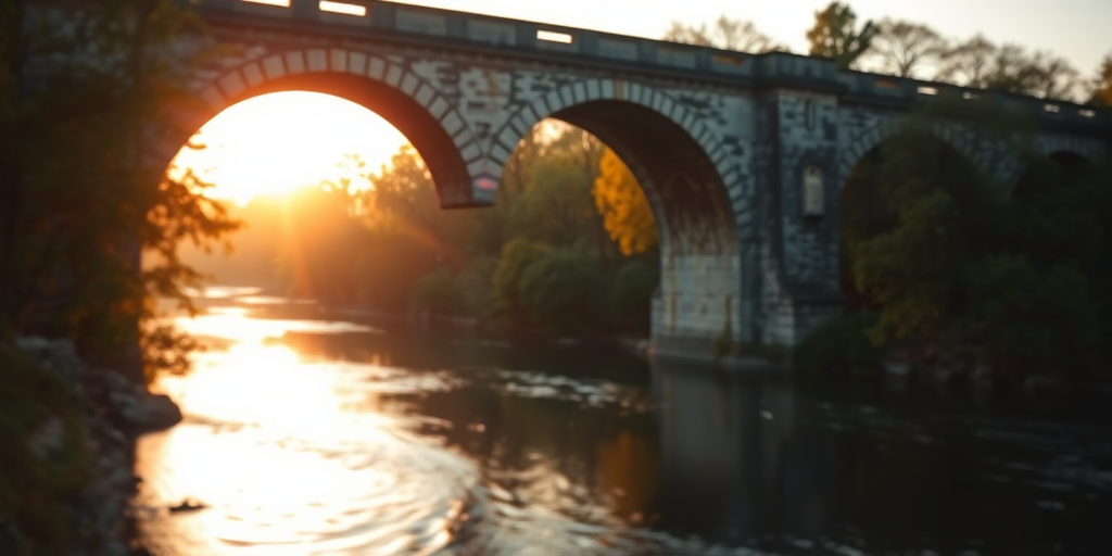 Soft-focus image of an ancient stone bridge arching over a serene river, with soft golden light from the setting sun casting a warm glow on the water and surrounding trees.