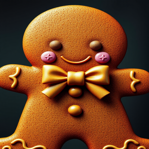 Generate a high-resolution illustration of a gingerbread figure with a decorative bow, featuring a detailed texture; camera settings: ISO 100, f/8, 1/200s; camera view: frontal; camera style: vibrant colors; camera type: DSLR.
