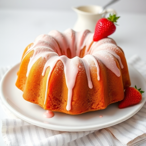 A beautifully decorated bundt cake with a light pink icing drizzle on top, garnished with powdered sugar and a fresh strawberry on the side, placed on a white plate with a striped linen underneath and a small pitcher in the background.
