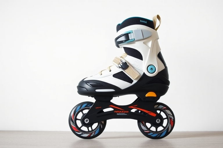 high-quality image of a white and black inline skate with colorful accents against a plain background, taken with a DSLR camera at f/2.8, ISO 100, 50mm lens, side view, with soft natural lighting to enhance details and contrast
