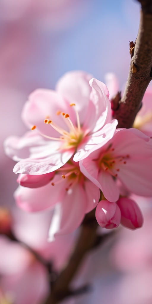 Close-up shot of cherry blossoms in soft focus with a blurred background, capturing delicate pink petals and detailed stamen, natural lighting, aperture f/2.8, shutter speed 1/200s, ISO 200, DSLR camera with macro lens.