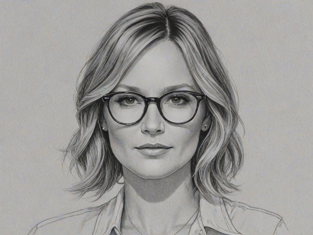 Wonderful Jennifer Nettles, pencil sketch, portrait of Dazzling woman 1968s in glasses, hair style beatnik, outline, clear lines, fine lines, 8k