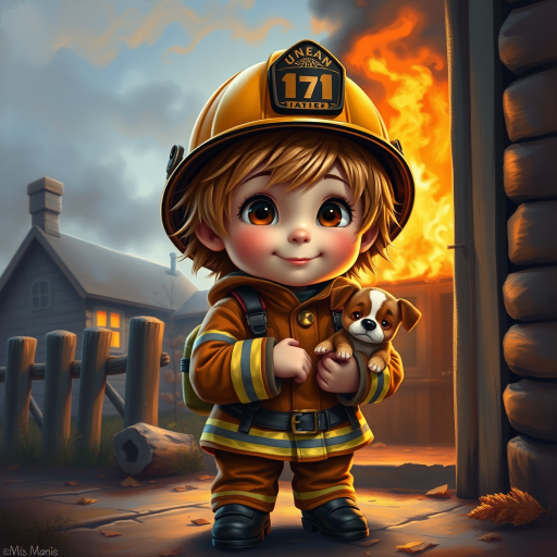 airbrushed oil painting, pixar style, cute little girl in fireman gear, helmet, tousled hair, expressive eyes, standing in the doorstep of a cottage burning behind him, holding a cute little dog in her arm, atumn sky