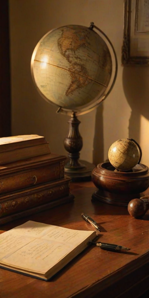 Warmly lit photo of an antique wooden desk in a softly lit room, with an open journal, fountain pen, and an old-fashioned globe softly casting shadows in the golden light.