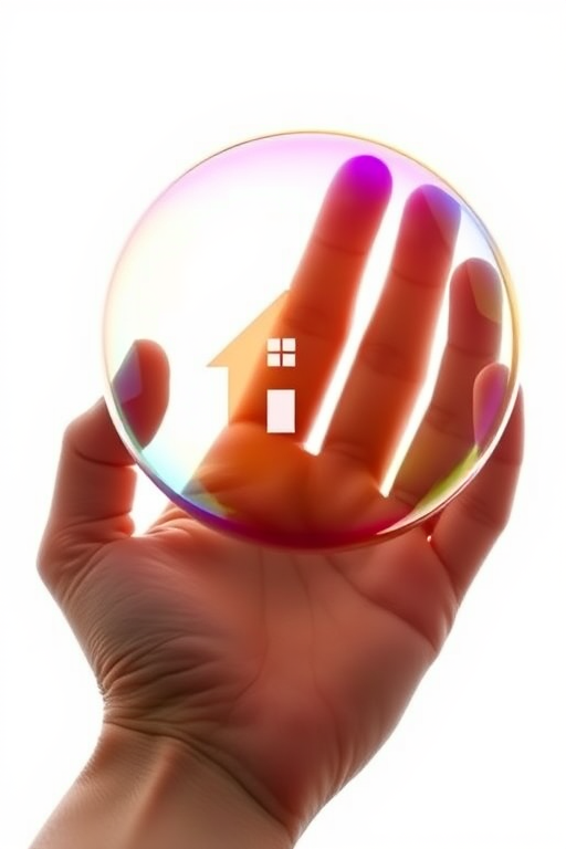 Create an image of a hand holding a large colorful soap bubble with a silhouette of a house inside, set against a plain white background, using a DSLR camera with a 50mm lens, aperture f/2.8, ISO 100, and natural soft lighting for enhanced clarity and vivid colors.