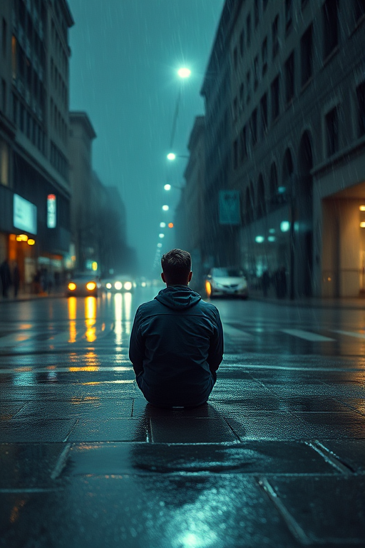 A solitary man sitting on a wet street during a rainstorm, wearing a jacket, with streetlights reflecting off the pavement, captured using a Canon EOS R5, 50mm lens at f/1.8, ISO 400, shutter speed 1/200s, low angle view for dramatic effect, moody atmosphere.