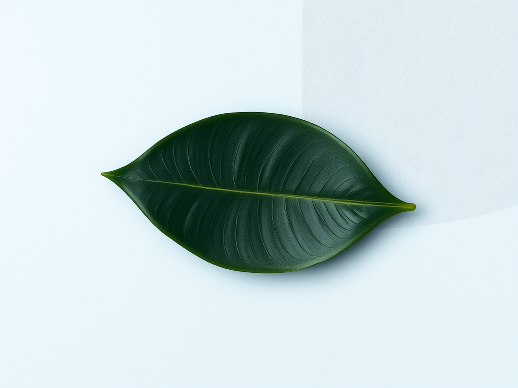 Create a minimalist still life illustration of a single dark green leaf on a soft pastel blue and gray abstract background, with a focus on smooth lines and simple shapes, captured using a DSLR camera with a 50mm lens at f/2.8, ISO 100, and a shallow depth of field for a soft bokeh effect.