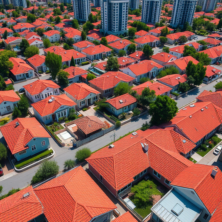 High-resolution aerial view of a suburban neighborhood with red-tiled roofs and modern high-rise buildings in the background during bright daylight, using a DSLR camera with a 24mm lens, aperture f/8, ISO 100, and a shutter speed of 1/250 sec for optimal clarity and detail.