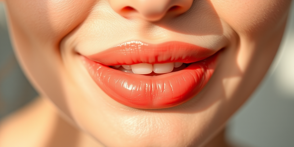 Radiant peach lips with a dewy finish, exuding a fresh and youthful glow, photographed in soft, natural light to enhance the healthy and vibrant appearance