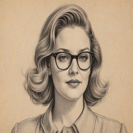 Sublime Drew Barrymore, pencil sketch, portrait of Resplendent woman 1940s in glasses, hair style beatnik, outline, clear lines, fine lines, 8k