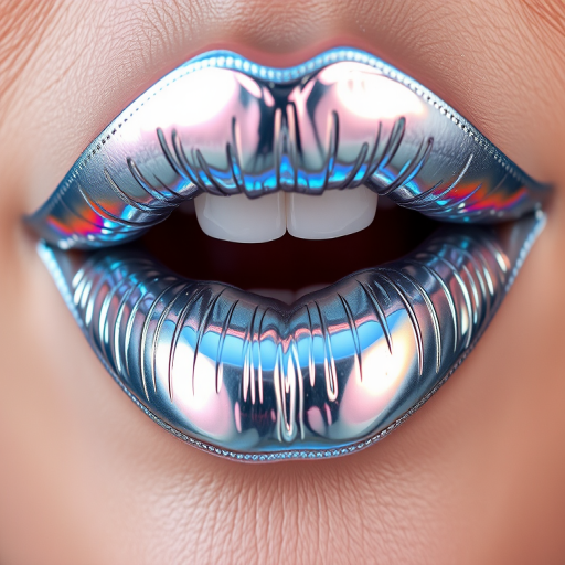 Holographic silver lips with a mirror-like shine, futuristic and eye-catching, perfect for creating an otherworldly appearance