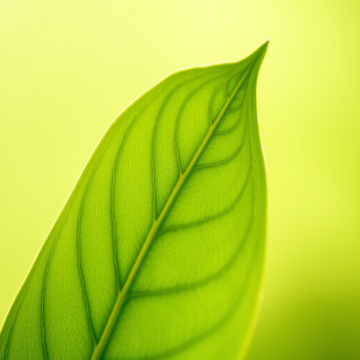 A highly detailed close-up of a vibrant green leaf with a gradient soft green background, using a DSLR camera with a 50mm lens, aperture f/1.8, ISO 100, and a shallow depth of field to enhance clarity and focus on the leaf's texture.